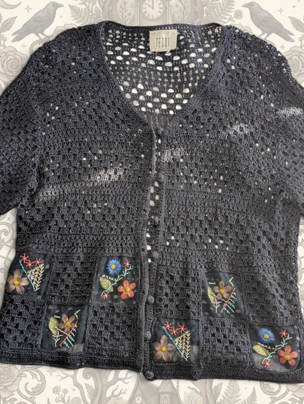 Whimsigoth Vintage Black Open Crochet Mesh Embroidered Floral Cardigan M Teddi